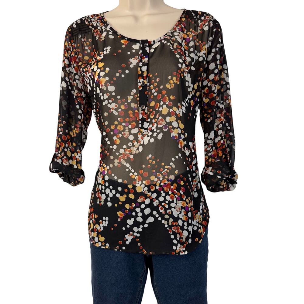 Daniel Rainn Black White Orange Polka Dot Pop Over Top Button V Neck Roll Sleeve